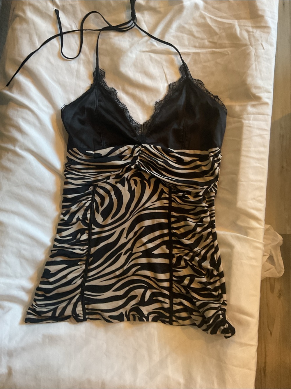 Zebra-Print Black & Cream Lace-Trim Halter Cami Top